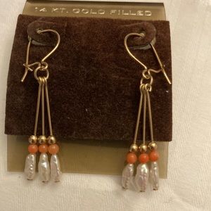 Freshwater PEARL, CORAL, and 14 karat gold filled pierced DANGLE EARRINGS ,NWOT